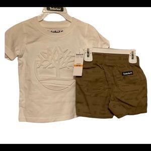 Timberland Baby boy 2 piece short set, 12 months, white/brown.